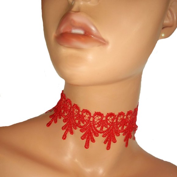 Red Lace Scallop Choker, Red Choker, Red Lace Choker Necklace, Red Accessories - Picture 4 of 4
